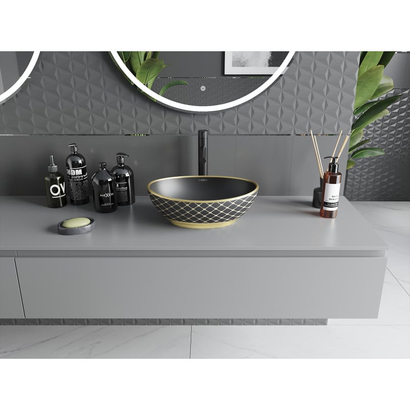 Mexen Elza lavabo de sobreponer 40 x 33 cm, negro mate/diseño de cuadrícula dorado - 21014029