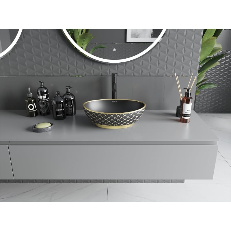 Mexen Elza lavabo sobre encimera 40 x 33 cm, negro mate/dorado patrón de cuadrícula - 21014029