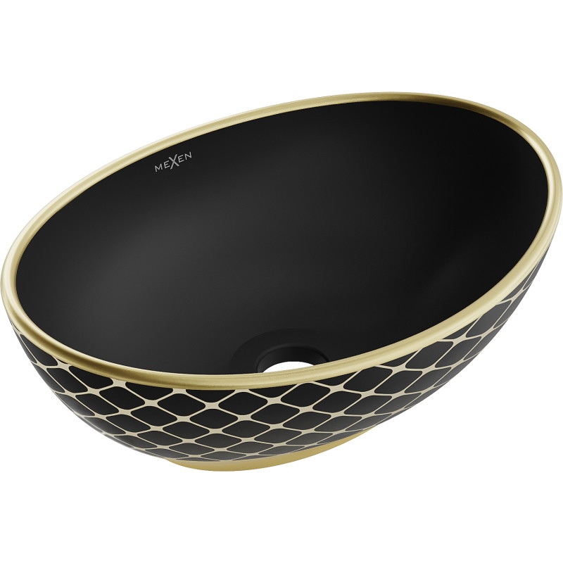 Mexen Elza opbouwwastafel 40 x 33 cm, zwarte mat/gouden ruitpatroon - 21014029