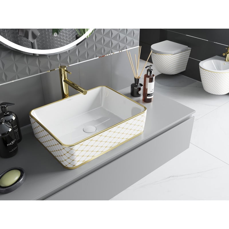 Mexen Catia lavabo da appoggio 48 x 37 cm, bianco/oro motivo a griglia - 21314809