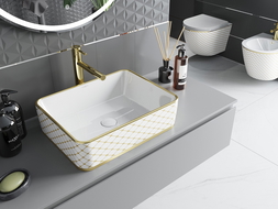 Mexen Catia Aufsatzwaschbecken 48 x 37 cm, weiß/gold kariertes Muster - 21314809