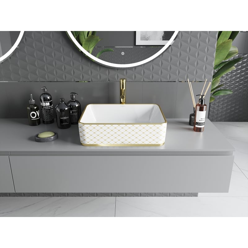 Mexen Catia countertop washbasin 48 x 37 cm, white/gold plaid pattern - 21314809