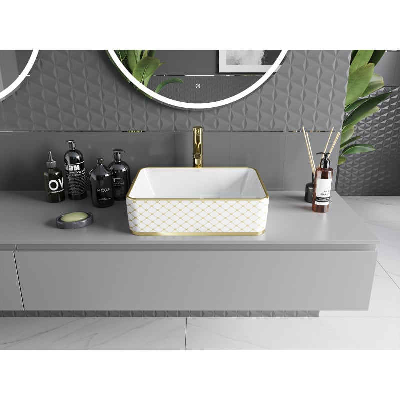 Mexen Catia lavabo da appoggio 48 x 37 cm, bianco/oro motivo a griglia - 21314809