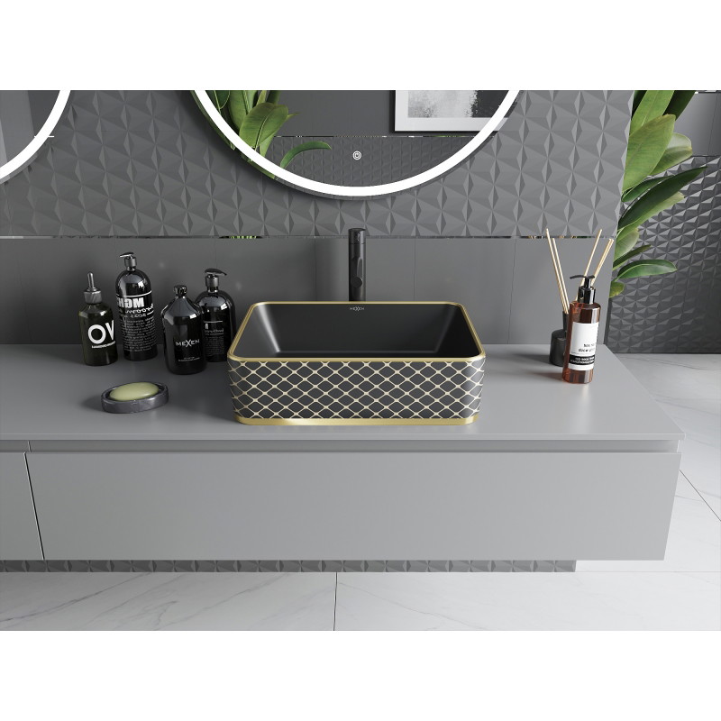 Mexen Catia lavabo sobre encimera 48 x 37 cm, negro mate/diseño de rejilla dorada - 21314879