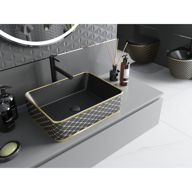Mexen Catia lavabo de sobremesa 48 x 37 cm, negro mate/diseño de cuadricula dorada - 21314879