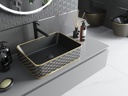Mexen Catia lavabo de sobremesa 48 x 37 cm, negro mate/diseño de cuadricula dorada - 21314879