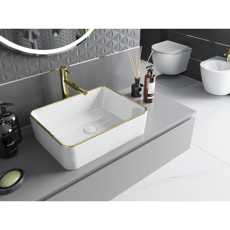 Mexen Catia lavabo à poser 48 x 37 cm, blanc/or bord doré - 21314805