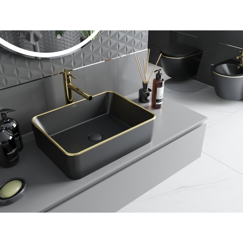 Mexen Catia countertop sink 48 x 37 cm, black matte/gold rim - 21314875