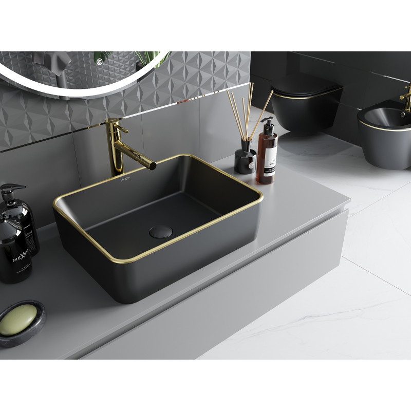 Mexen Catia opbouw waskom 48 x 37 cm, zwart mat/gouden rand - 21314875