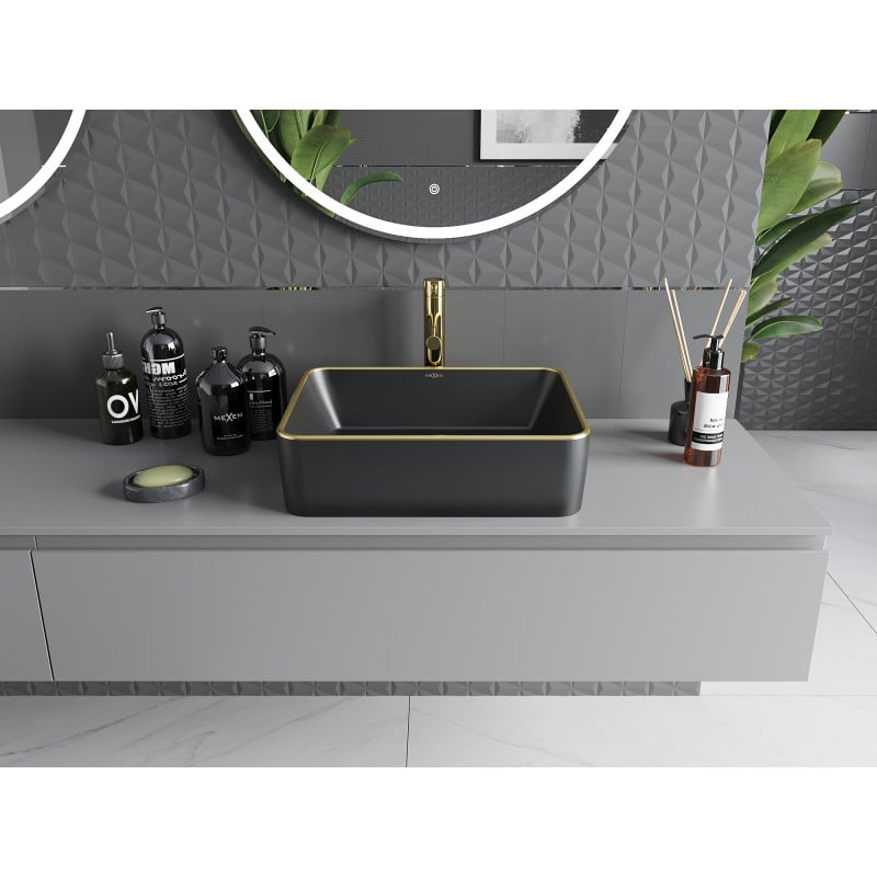 Mexen Catia countertop basin 48 x 37 cm, black matte/gold rim - 21314875