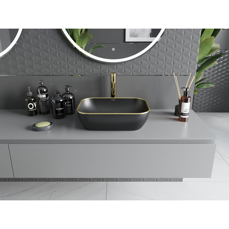 Mexen Rita wäscht Becken op der countertop 45 x 32 cm, schwaarz mat/gëll Rand - 21084575
