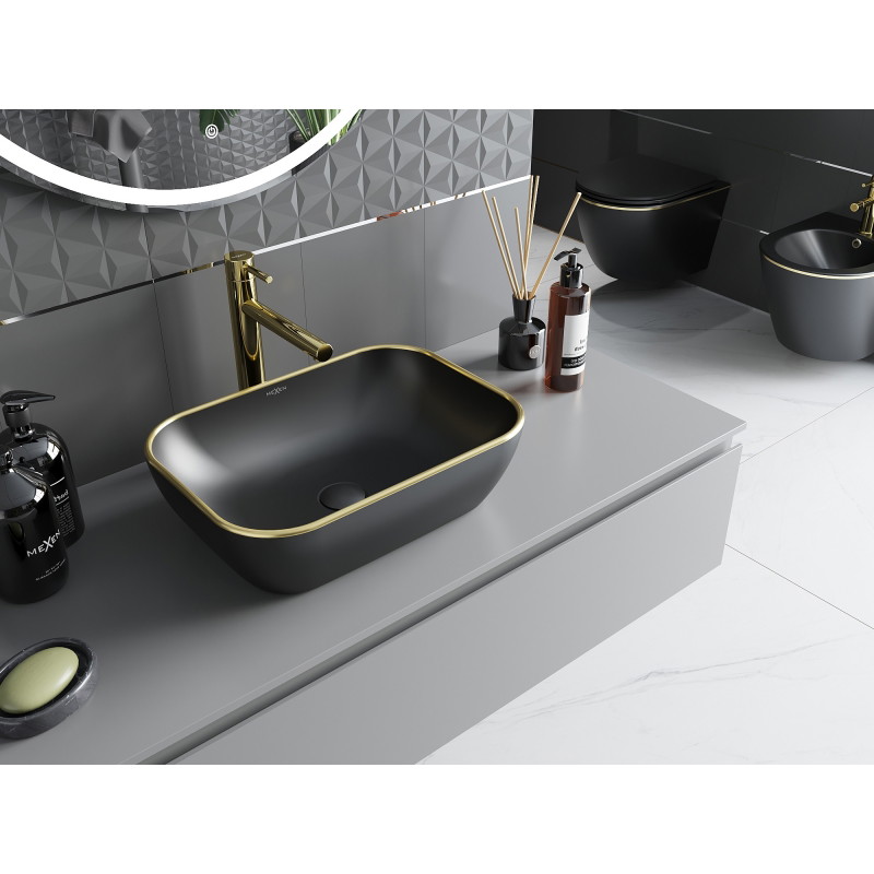 Mexen Rita countertop washbasin 45 x 32 cm, black matte/golden rim - 21084575