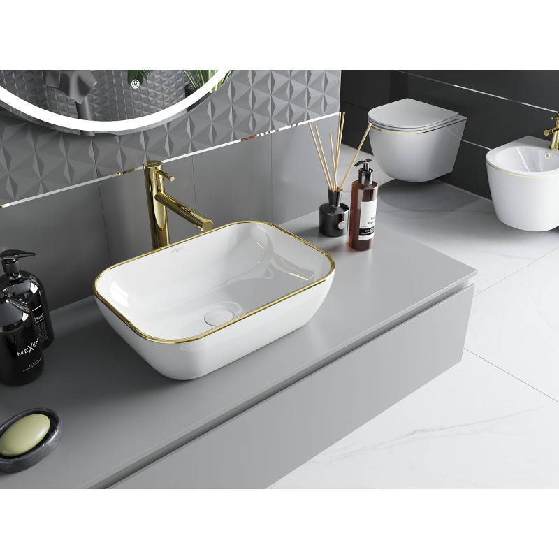 Mexen Rita lavabo de sobreponer 45 x 32 cm, blanco/borde dorado - 21084505