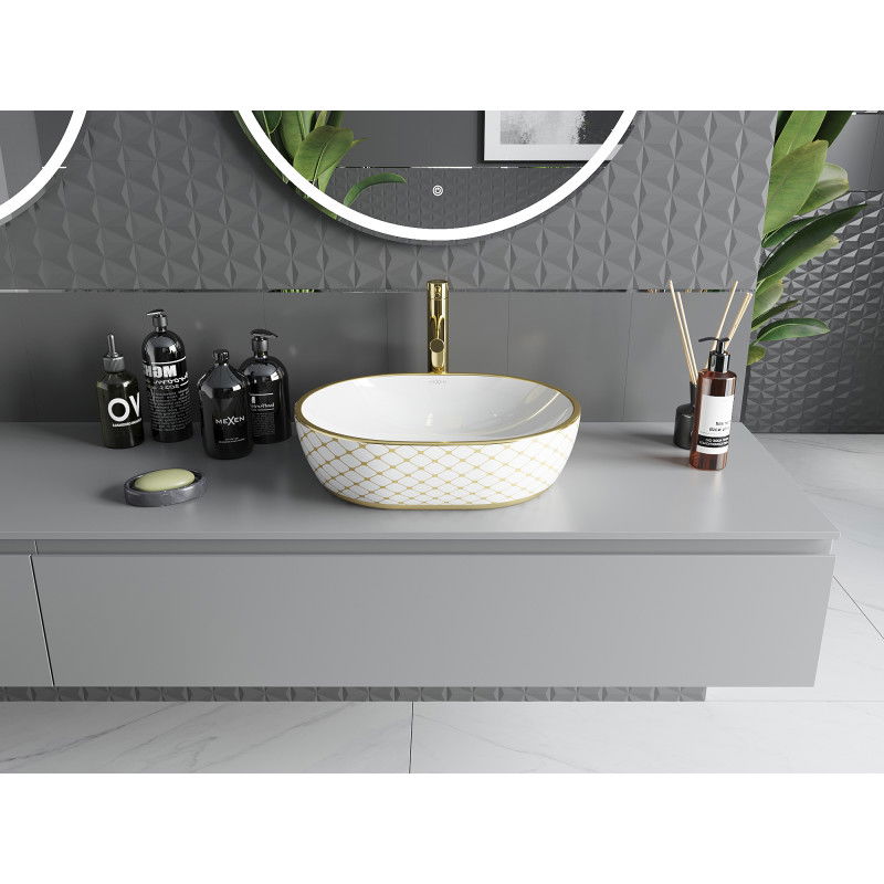 Mexen Viki lavabo de comptoir 48 x 35 cm, blanc/doré motif carreaux - 21054809