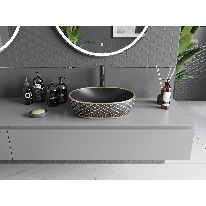 Mexen Viki countertop washbasin 48 x 35 cm, black matte/golden grid pattern - 21054879