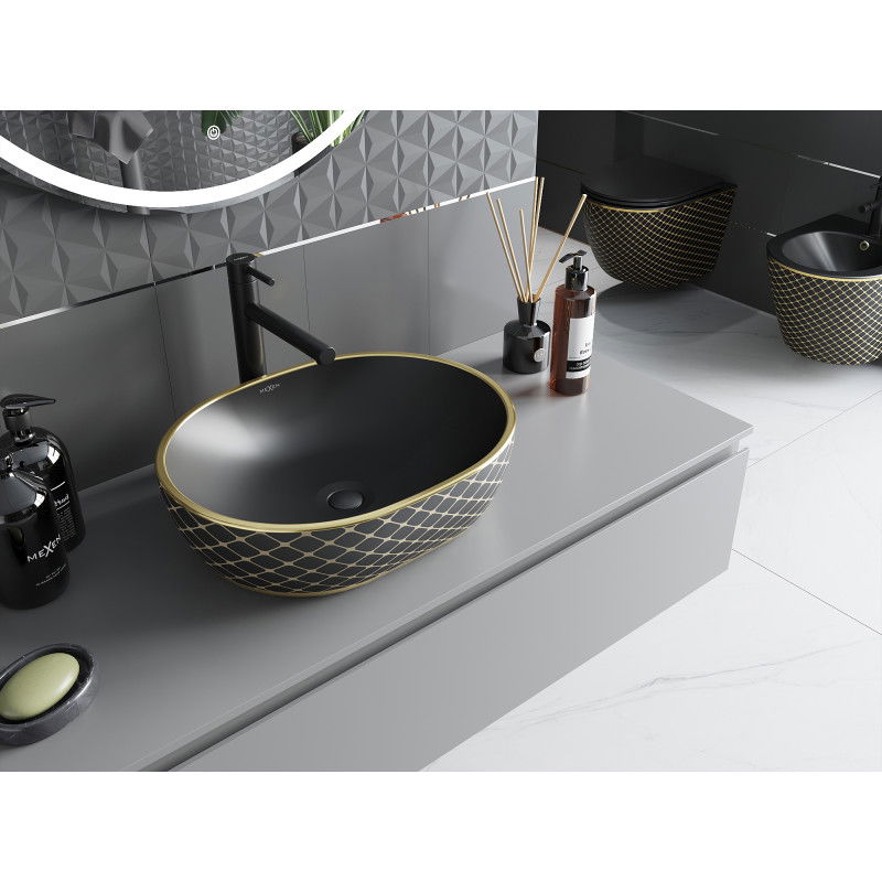 Mexen Viki Aufsatzwaschbecken 48 x 35 cm, schwarz matt/gold, Karomuster - 21054879