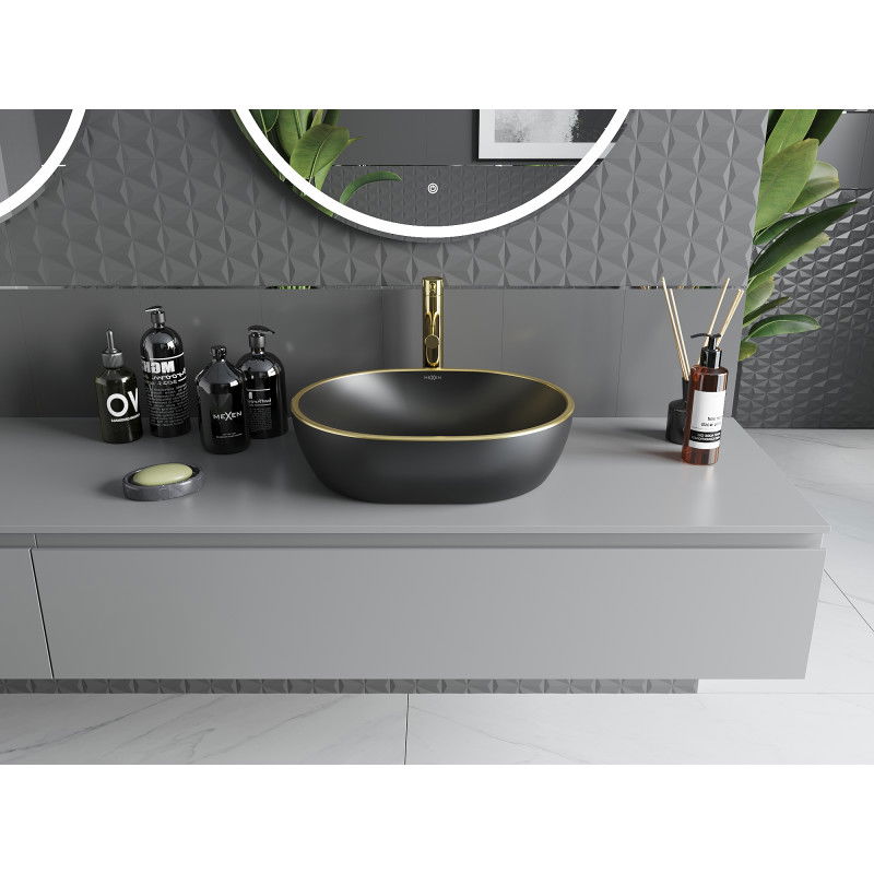 Mexen Viki lavabo sobre encimera 48 x 35 cm, negro mate/borde dorado - 21054875