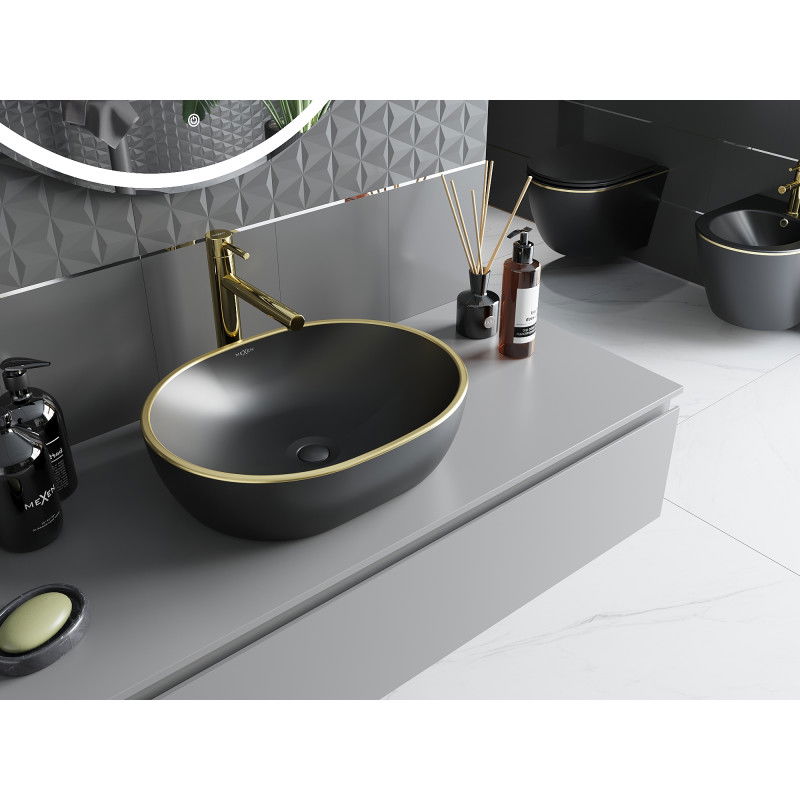 Mexen Viki countertop washbasin 48 x 35 cm, black matte/gold rim - 21054875
