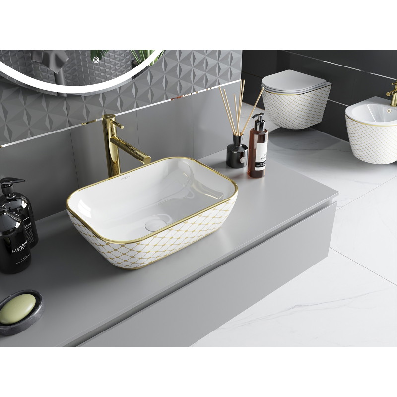Mexen Rita lavabo sobre encimera 45 x 32 cm, blanco/dorado patrón de rejilla - 21084509