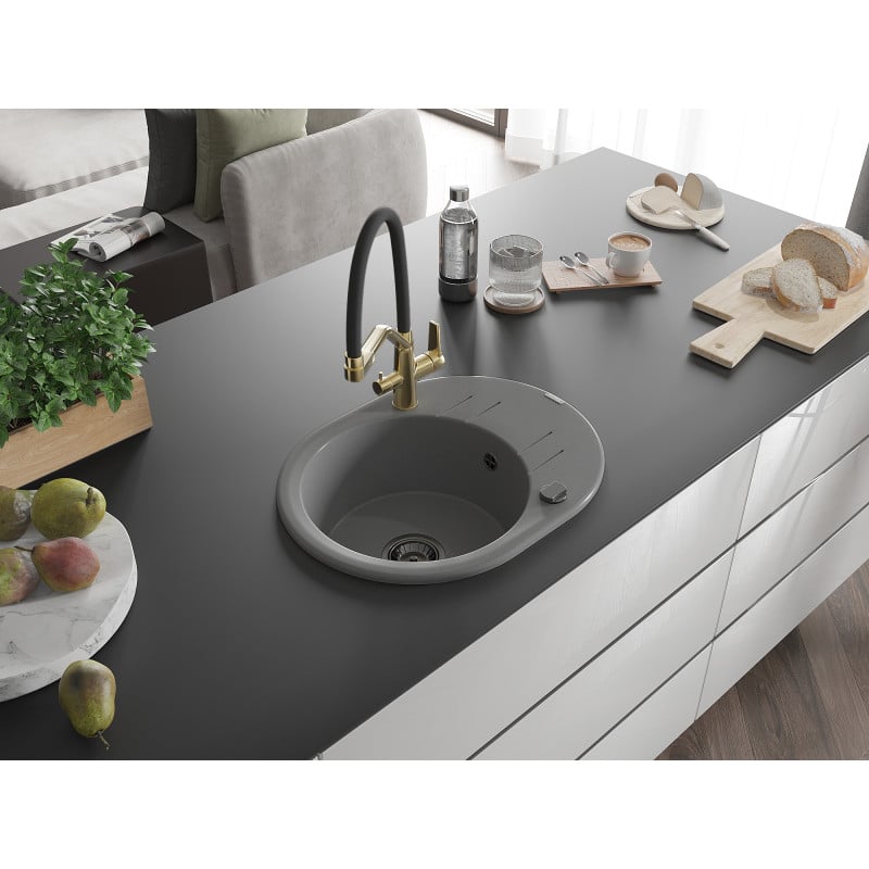 Mexen Kevin fregadero de granito de 1 cubeta con grifo de cocina Duo, gris - 6517-71-671701-57-B