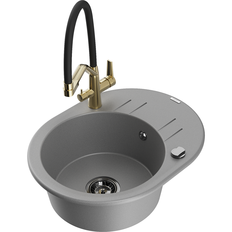 Mexen Kevin fregadero de granito de 1 cubeta con grifo de cocina Duo, gris - 6517-71-671701-57-B