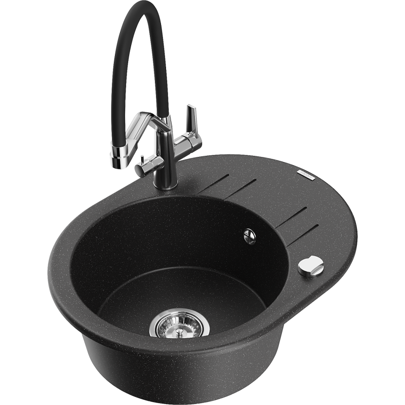 Mexen Kevin granieten spoelbak 1-komoer met keukenmengkraan Duo, zwart/zilver metallic - 6517-73-671701-07