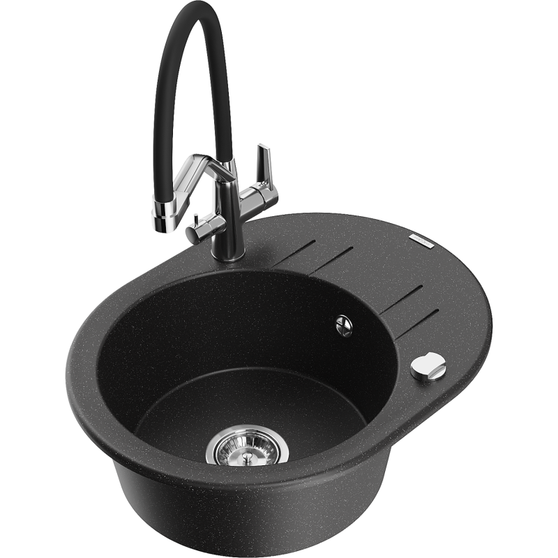 Mexen Kevin lavello in granito a 1 vasca con rubinetto da cucina Duo, nero/argento metallizzato - 6517-73-671701-07