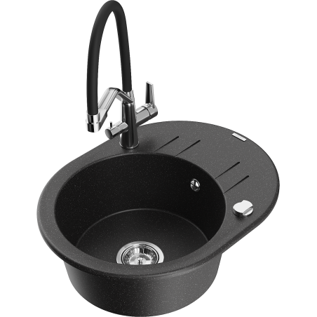 Mexen Kevin 1-bowl granite sink with Duo kitchen tap, black/silver metallic - 6517-73-671701-07