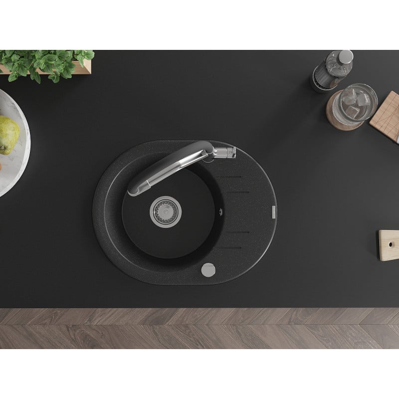 Mexen Kevin lavello in granito a 1 vasca con rubinetto da cucina Duo, nero/argento metallizzato - 6517-73-671701-07