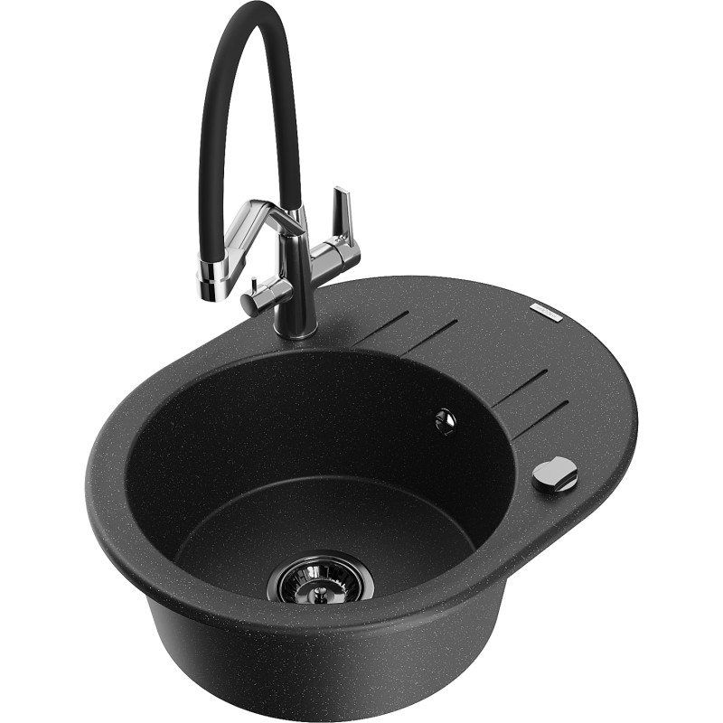 Mexen Kevin fregadero de granito de 1 compartimiento con grifo de cocina Duo, negro/plateado metálico - 6517-73-671701-07-B
