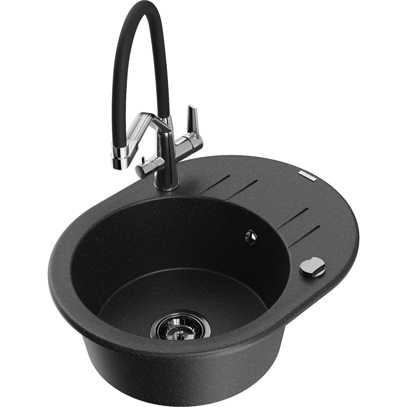 Mexen Kevin fregadero de granito de 1 cubeta con grifo de cocina Duo, negro/metálico plateado - 6517-73-671701-07-B