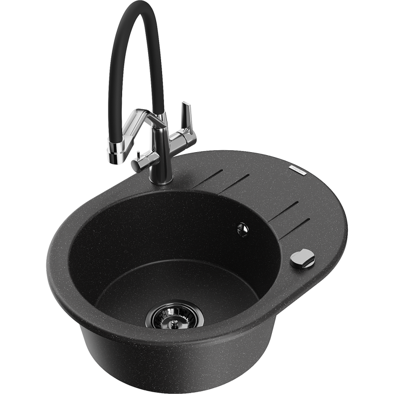 Mexen Kevin lavello in granito 1-vasca con rubinetto cucina Duo, nero/argento metallico - 6517-73-671701-07-B