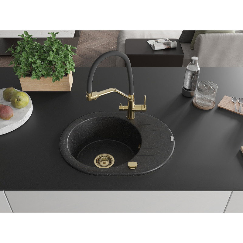 Mexen Kevin évier en granit 1 bac avec robinet de cuisine Duo, noir/argent métallisé - 6517-73-671701-57-G