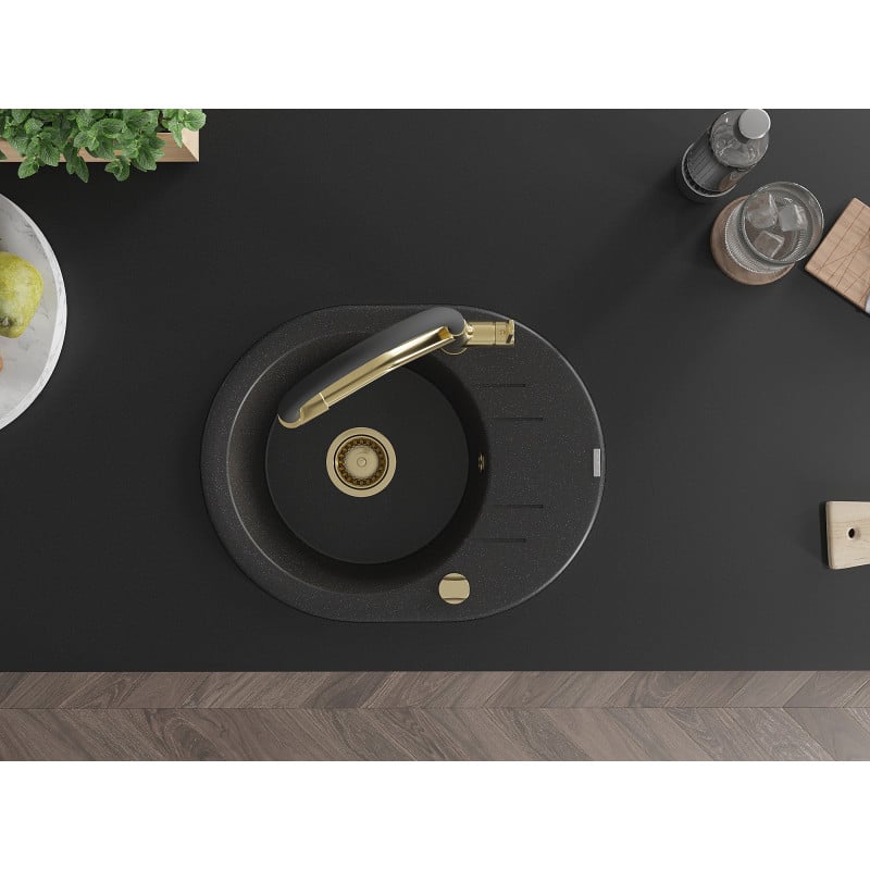 Mexen Kevin lavello in granito a 1 vasca con miscelatore da cucina Duo, nero/argento metallizzato - 6517-73-671701-57-G
