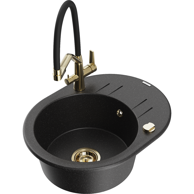 Mexen Kevin lavello in granito a 1 vasca con miscelatore da cucina Duo, nero/argento metallizzato - 6517-73-671701-57-G