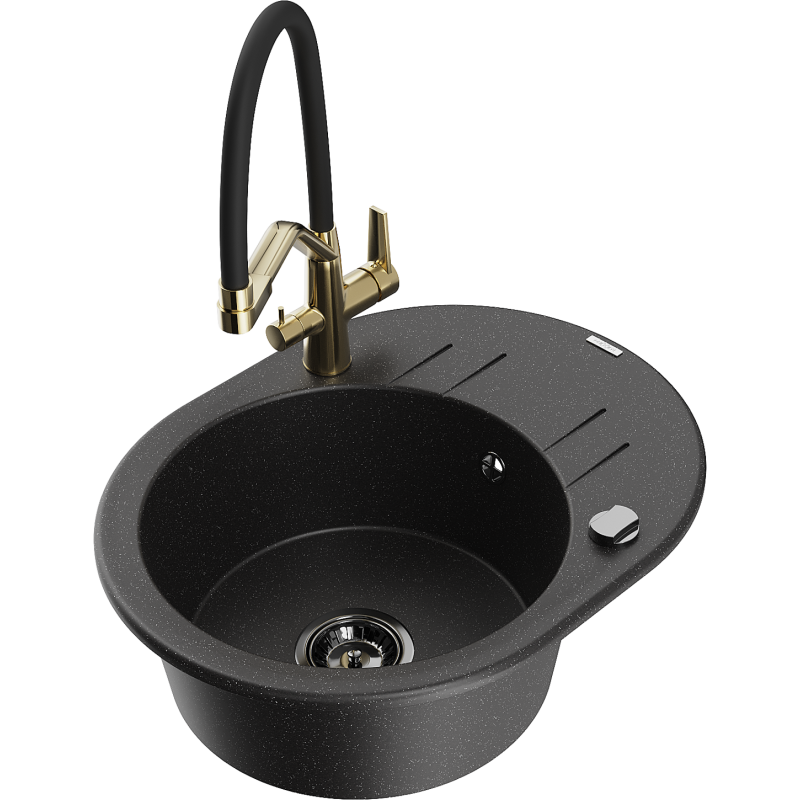 Mexen Kevin 1-bowl granite sink with Duo kitchen tap, black/silver metallic - 6517-73-671701-57-B