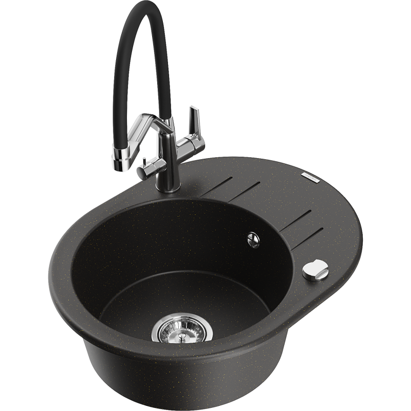 Mexen Kevin fregadero de granito de 1 seno con grifo de cocina Duo, negro/dorado metálico - 6517-75-671701-07