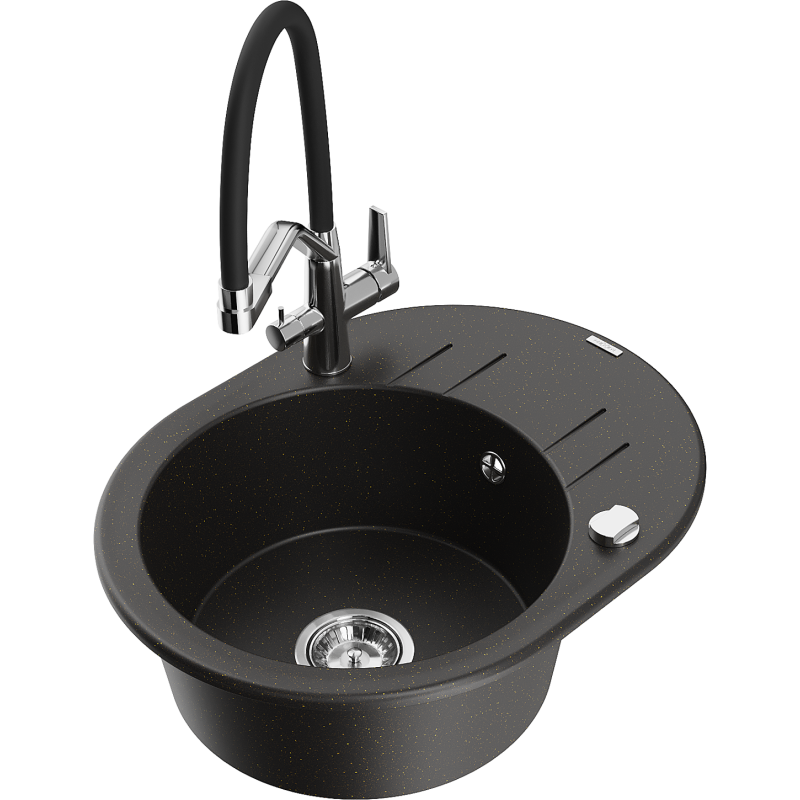 Mexen Kevin lava-louça granítico de 1 cuba com torneira de cozinha Duo, preto/metálico dourado - 6517-75-671701-07