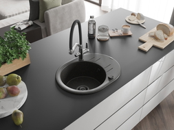 Mexen Kevin lavello da cucina in granito a 1 vasca con miscelatore Duo, nero/oro metallico - 6517-75-671701-07-B