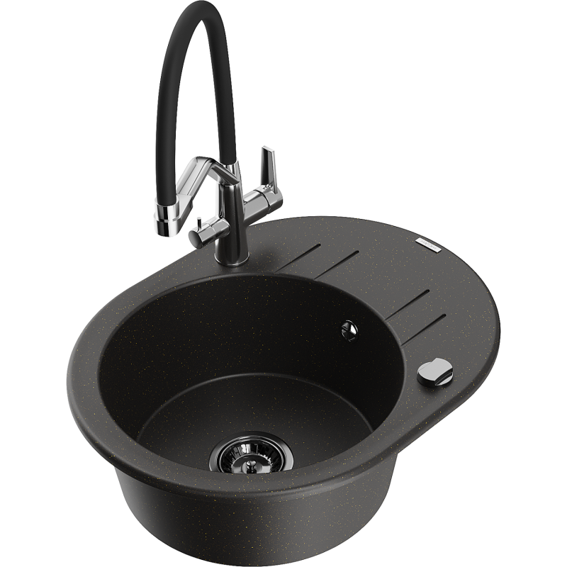 Mexen Kevin fregadero de granito de 1 cubeta con grifo de cocina Duo, negro/dorado metálico - 6517-75-671701-07-B