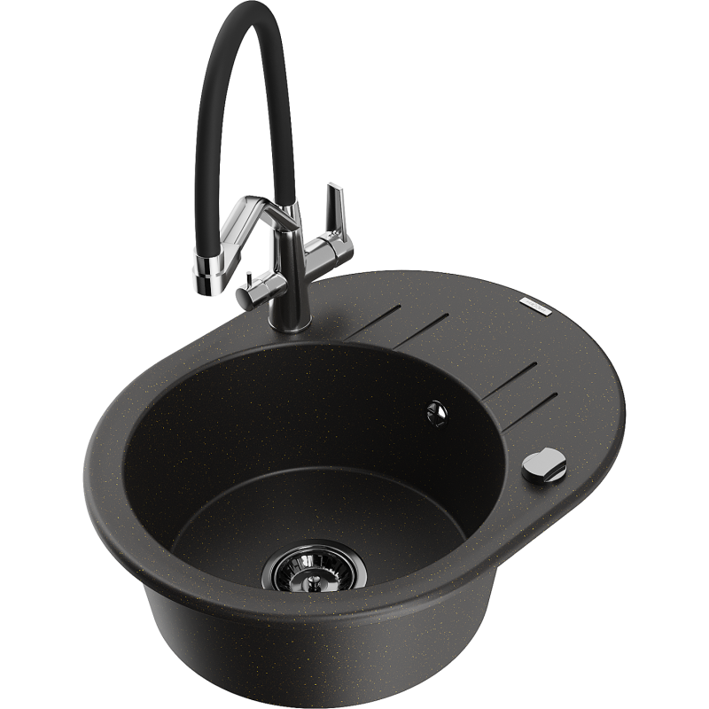 Mexen Kevin granieten spoelbak met 1 bak en Duo keukenkraan, zwart/goud metallic - 6517-75-671701-07-B