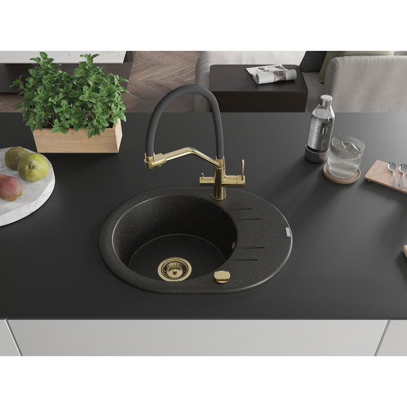 Mexen Kevin 1-bowl granite sink with Duo kitchen tap, black/gold metallic - 6517-75-671701-57-G