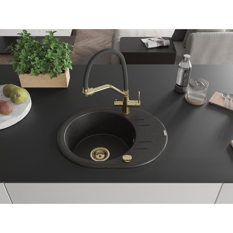 Mexen Kevin lavello in granito a 1 vasca con miscelatore cucina Duo, nero/oro metallizzato - 6517-75-671701-57-G