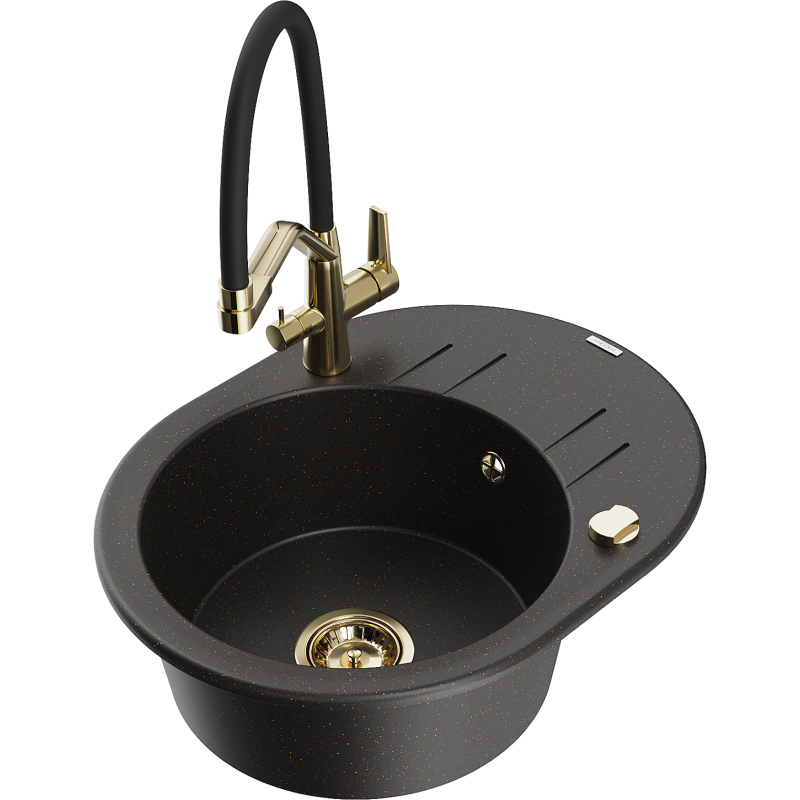 Mexen Kevin granieten spoelbak 1-kamer met keukenmengkraan Duo, zwart/goud metallic - 6517-75-671701-57-G