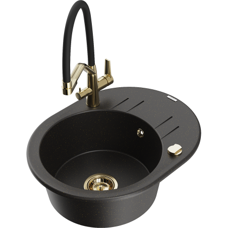 Mexen Kevin fregadero de granito de 1 tazón con grifo de cocina Duo, negro/dorado metálico - 6517-75-671701-57-G