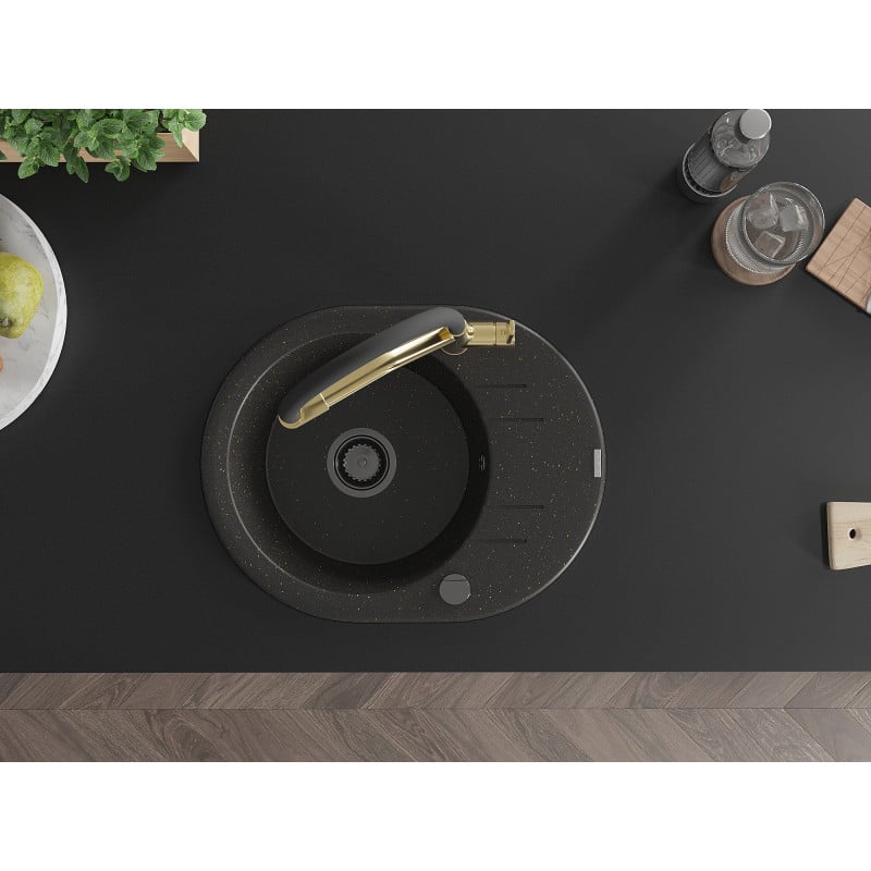 Mexen Kevin lavello in granito a 1 vasca con miscelatore da cucina Duo, nero/oro metallico - 6517-75-671701-57-B