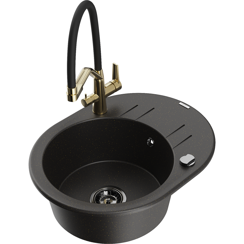 Mexen Kevin granieten spoelbak met 1 bak en Duo keukenkraan, zwart/goud metallic - 6517-75-671701-57-B