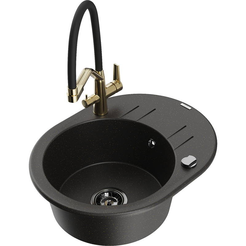 Mexen Kevin lavello in granito a 1 vasca con miscelatore da cucina Duo, nero/oro metallico - 6517-75-671701-57-B