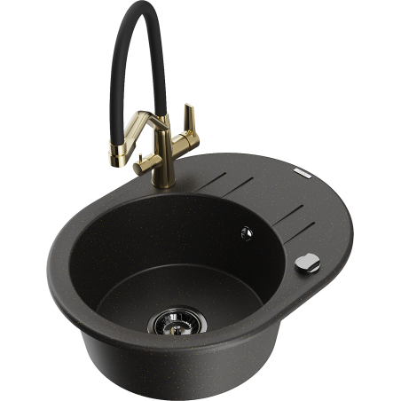 Mexen Kevin granieten spoelbak met 1 bak en Duo keukenkraan, zwart/goud metallic - 6517-75-671701-57-B