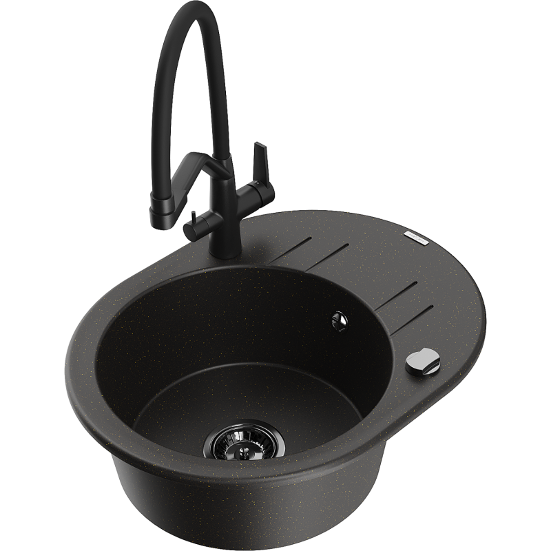 Mexen Kevin fregadero de granito de 1 compartimiento con grifo de cocina Duo, negro/dorado metálico - 6517-75-671701-70-B